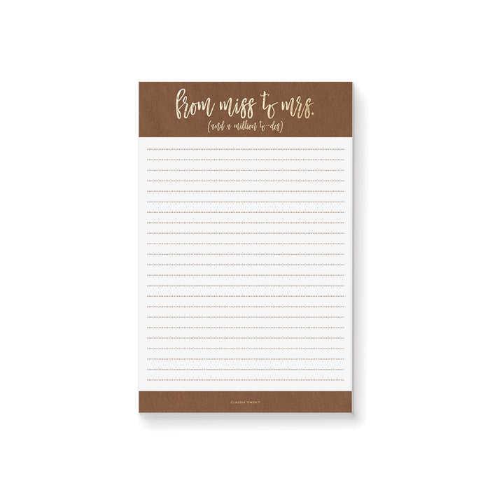 Bride to be notepad with rustic brown design and “from miss to mrs” text for wedding planning and notes