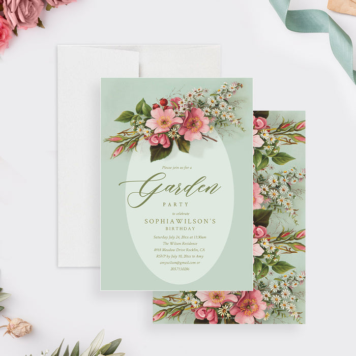 sage green garden party birthday invitation with vintage pink flowers, white daisies, botanical artwork, and elegant script lettering-front-back