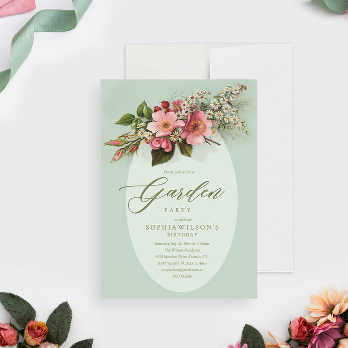 sage green garden party birthday invitation with vintage pink flowers, white daisies, botanical artwork, and elegant script lettering-front