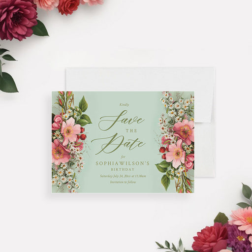 sage green birthday save the date card with vintage pink flowers, white daisies, botanical border, and elegant script lettering-front