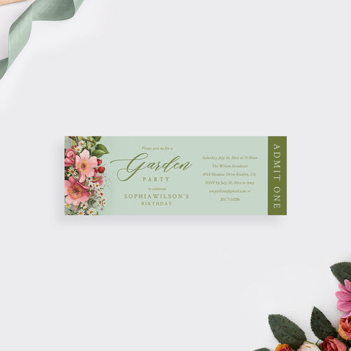 sage green garden party ticket invitation with vintage pink flowers, daisies, botanical artwork, and admit one design