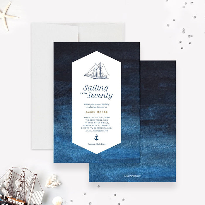 nautical milestone birthday invitation digital template with sailboat illustration and deep blue ocean watercolor design