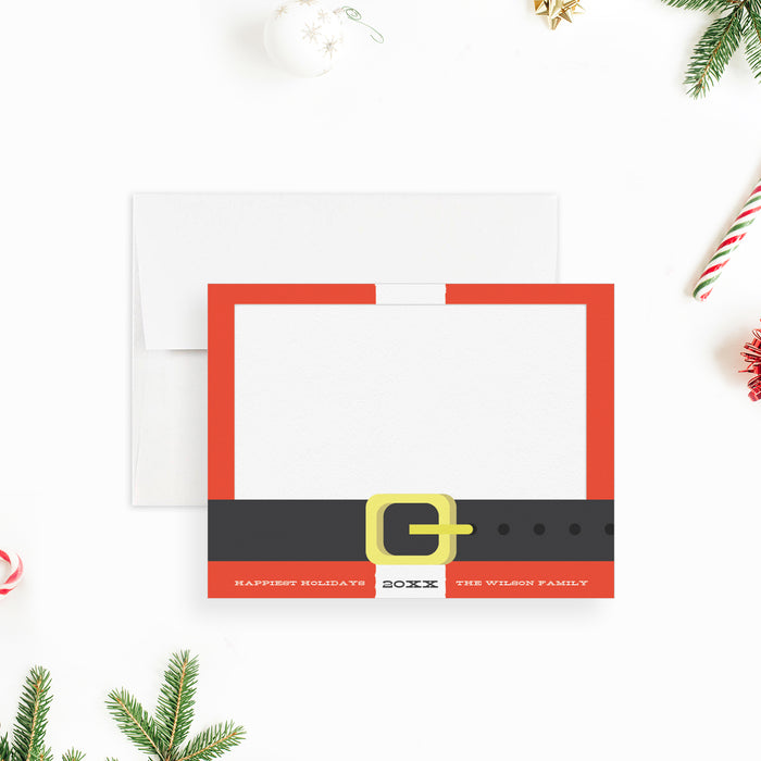 Santa suit Christmas note cards with red border and black belt festive design
