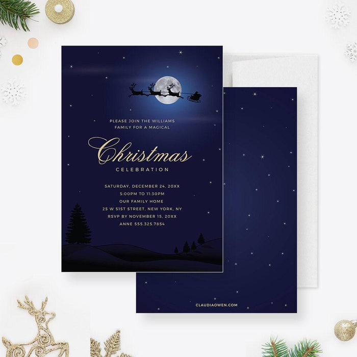 Starry night Christmas invitation digital template with moon and sleigh design
