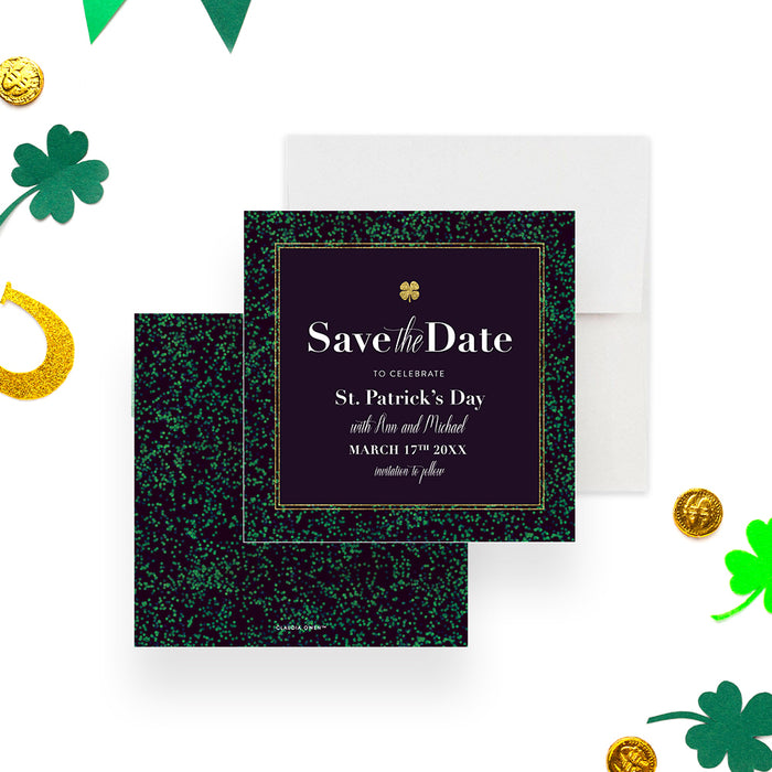 St Patrick’s Day Save the Date card with festive green and gold design, perfect for holiday party invitations.