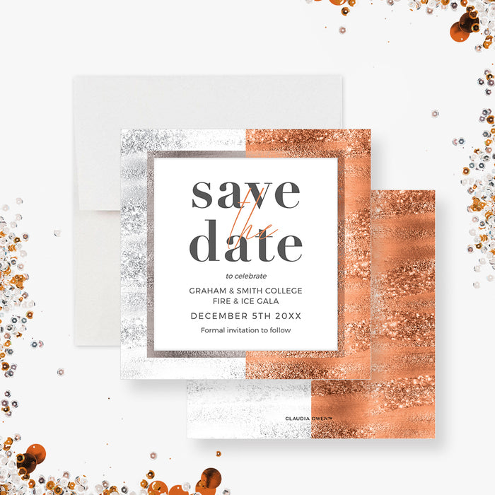 Elegant copper and silver save the date digital template, modern printable invitation card.