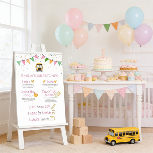 Personalized school bus first birthday milestone sign featuring colorful bunting, baby milestones, favorite foods, favorite books, height, weight, and birthday party decoration displayed on an easel.