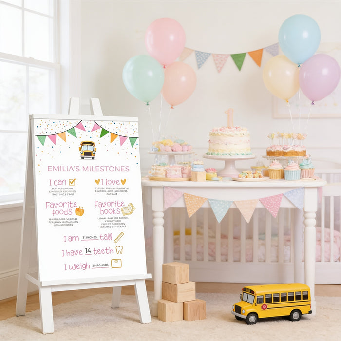 Personalized school bus first birthday milestone sign featuring colorful bunting, baby milestones, favorite foods, favorite books, height, weight, and birthday party decoration displayed on an easel.