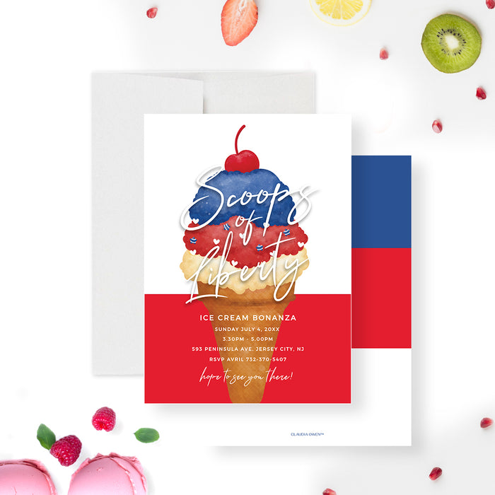 Scoops of Liberty 4th of July Party Invitation Digital Download, Ice Cream July 4th Birthday Invitation Card Template