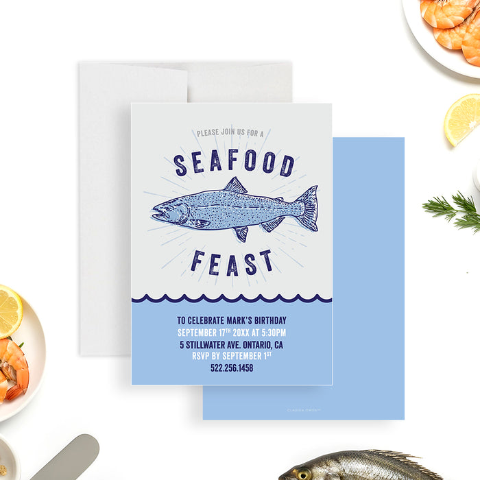 Seafood feast birthday invitation featuring a vintage fish illustration for a fish fry party or coastal themed celebration.-front-back