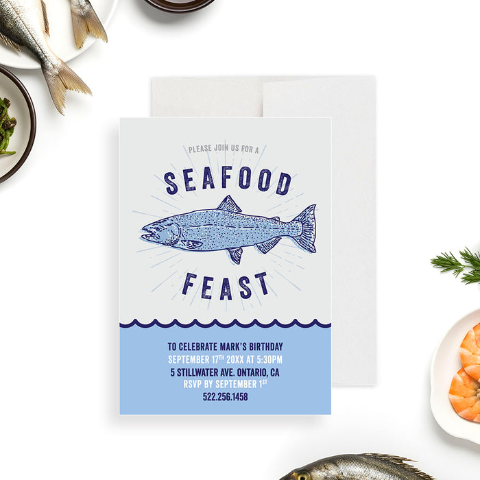 Seafood feast birthday invitation featuring a vintage fish illustration for a fish fry party or coastal themed celebration.-front