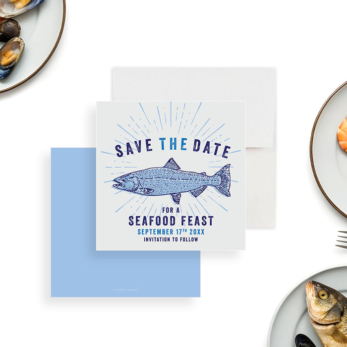 Seafood feast save the date card featuring a vintage fish illustration for a fish fry or coastal birthday celebration.-front-back