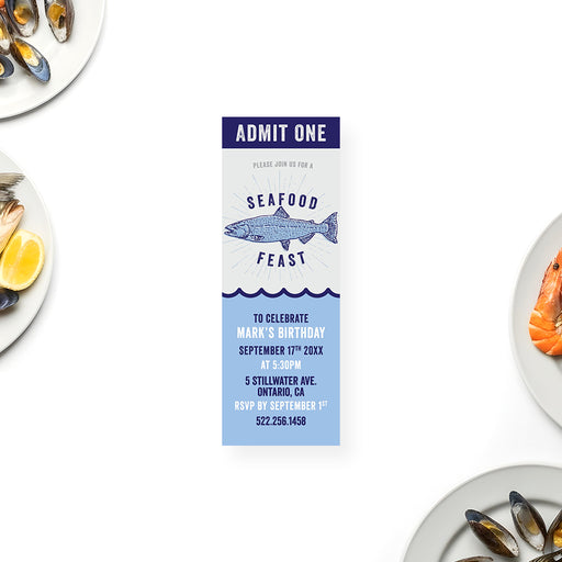 Seafood feast ticket invitation featuring a vintage fish illustration and admit one design for a fish fry or coastal birthday celebration.