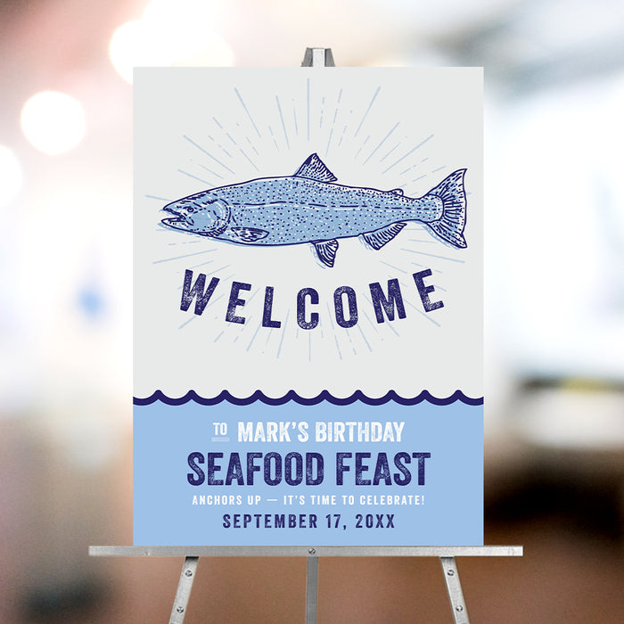 Seafood feast welcome sign featuring a vintage fish illustration for a fish fry or coastal birthday party celebration.