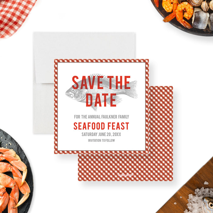 Seafood Feast Save the Date Card with Gingham Border, Seafood Boil Dinner Save the Date, Fish Birthday Save the Dates