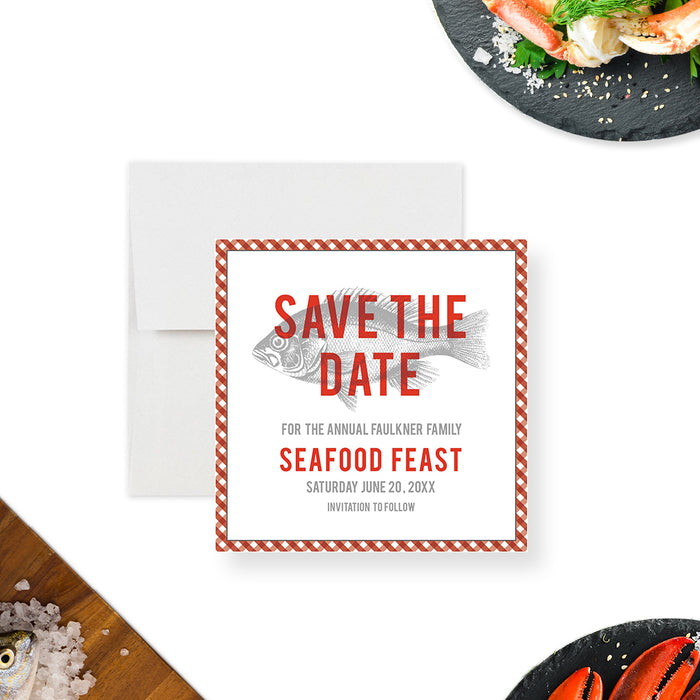 Seafood Feast Save the Date Card with Gingham Border, Seafood Boil Dinner Save the Date, Fish Birthday Save the Dates