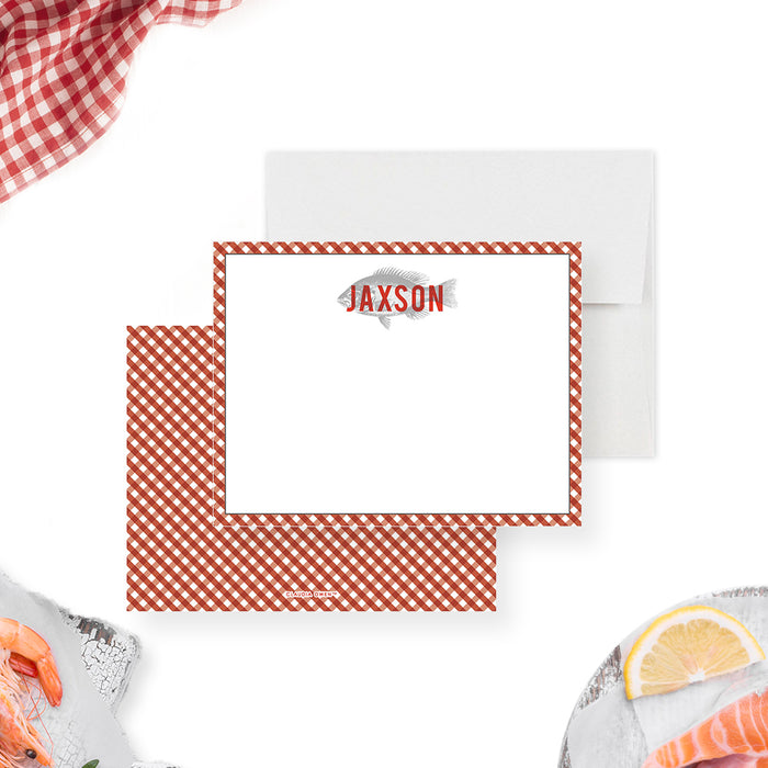 Fish Note Card with Gingham Border, Seafood Feast Thank You Card, Personalized Gift for Seafood Lover