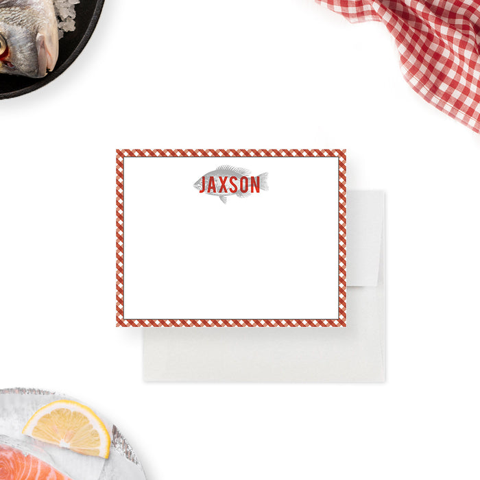 Fish Note Card with Gingham Border, Seafood Feast Thank You Card, Personalized Gift for Seafood Lover