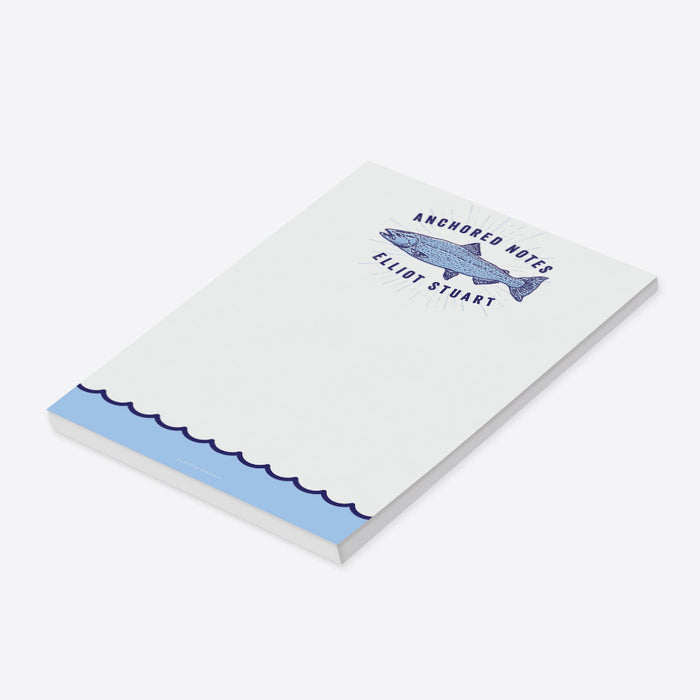 Personalized fishing notepad featuring a fish illustration design for gifts, party favors, or fishing themed celebrations.-side
