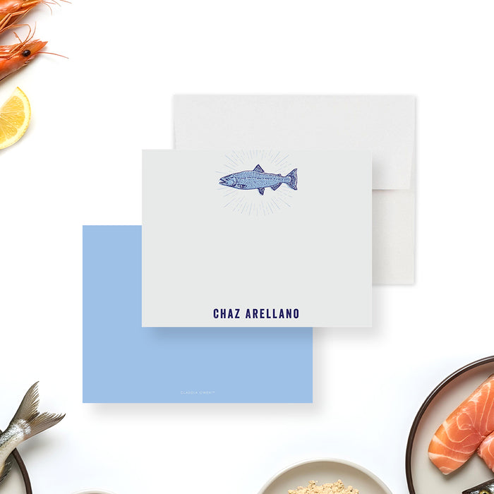Personalized nautical thank you card featuring a fish illustration design for gifts, coastal stationery, or everyday use.-front-back