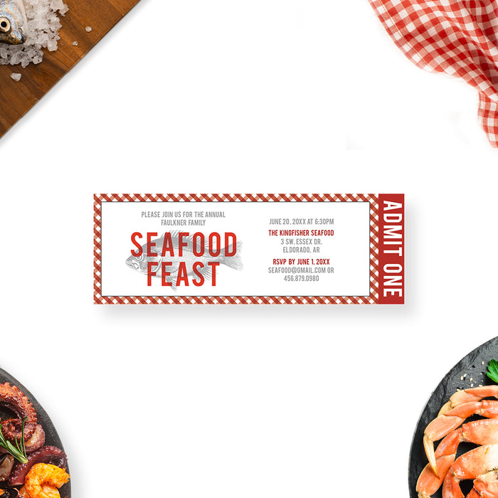 Seafood Feast Ticket Invitation with Gigngham Border, Fish Birthday Ticket Invites, Seafood Boil VIP Ticket Invitations