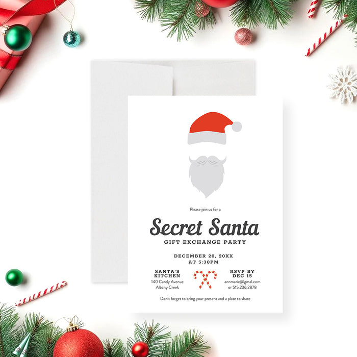 Secret Santa invitation with Santa hat, beard, and candy cane accents — festive holiday gift exchange party invite.-front