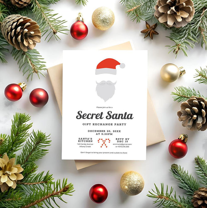 Editable Secret Santa Christmas invitation featuring Santa hat and beard design. Digital holiday party invitation for gift exchange events.
