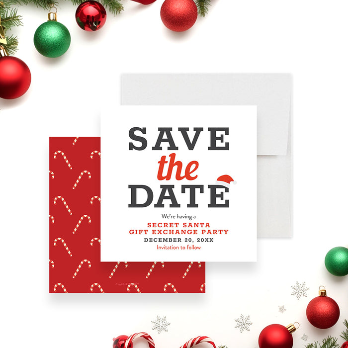 Secret Santa save the date card featuring Santa’s hat design, personalized Christmas party invitation for holiday gift exchange celebrations.-front-back