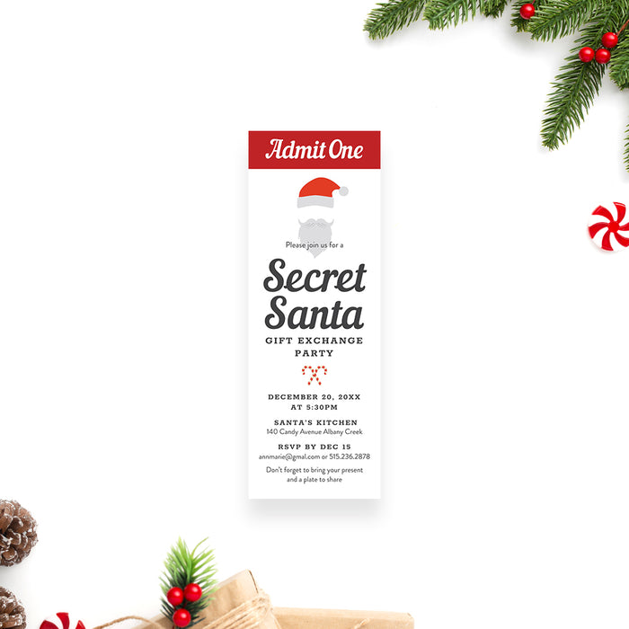 Secret Santa ticket invitation with a Santa hat, beard, and candy cane for Christmas celebrations.