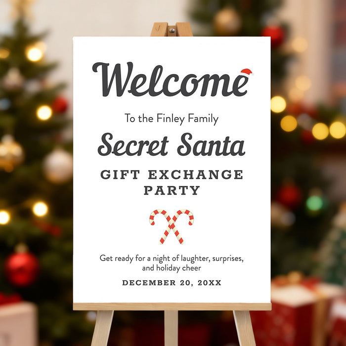 Secret Santa welcome sign featuring a Santa hat and candy cane design, perfect for holiday party décor during gift exchange celebrations.