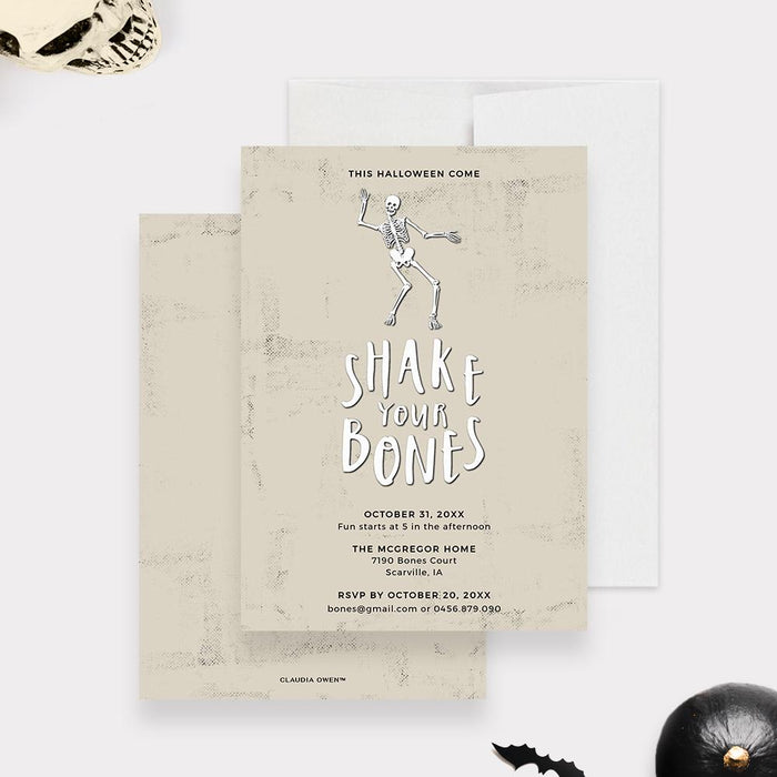 Halloween invitation featuring a dancing skeleton and the text “Shake Your Bones” on a beige background, perfect for a spooky party theme.