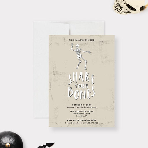 Halloween invitation featuring a dancing skeleton and the text “Shake Your Bones” on a beige background, perfect for a spooky party theme.