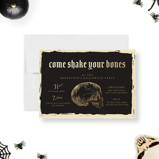 Shake Your Bones Halloween party invitation template with gothic skull design digital download