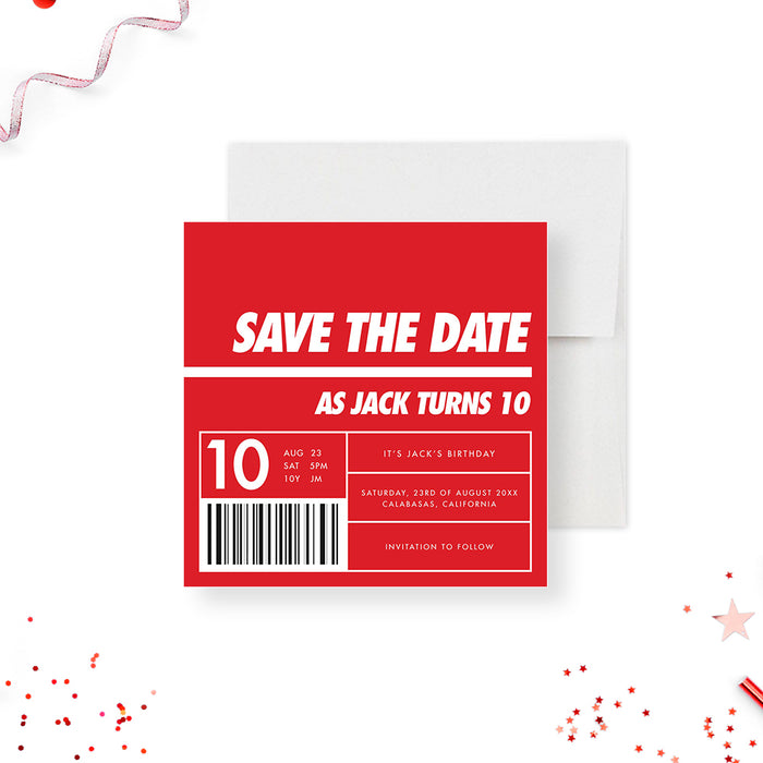 Red and White Save the Date Card for Kids Birthday Party, Shoe Box Theme Save the Dates for 9th 10th 11th 12th 13th Birthday Bash