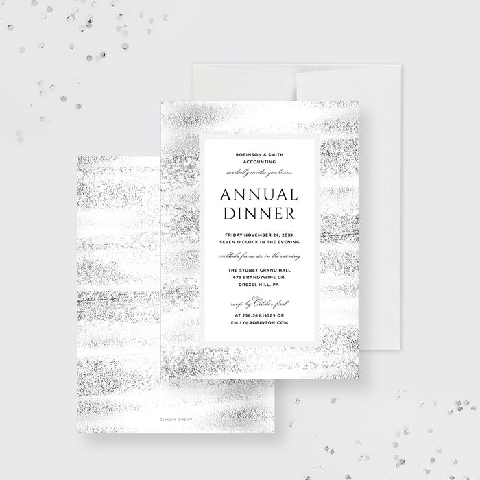 corporate annual dinner invitation with black and white formal layout, textured gray border, and company event details-front-back