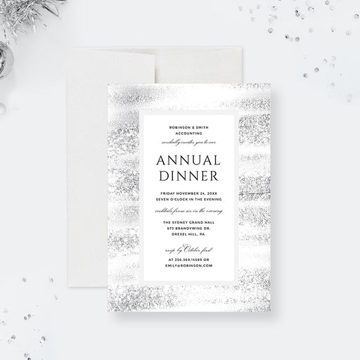 corporate annual dinner invitation with black and white formal layout, textured gray border, and company event details-front