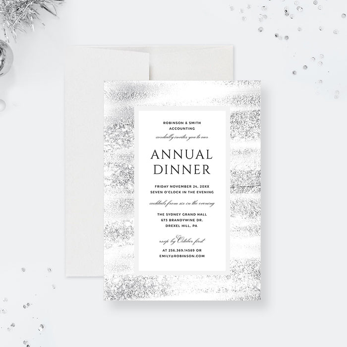 corporate annual dinner invitation with black and white formal layout, textured gray border, and company event details-front