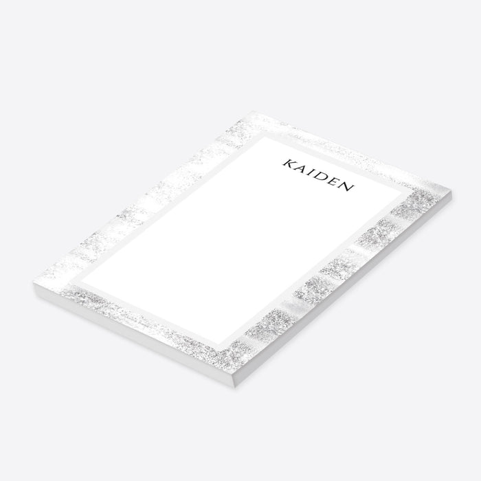 personalized with custom name, black and white layout, textured gray border, and blank writing space-side