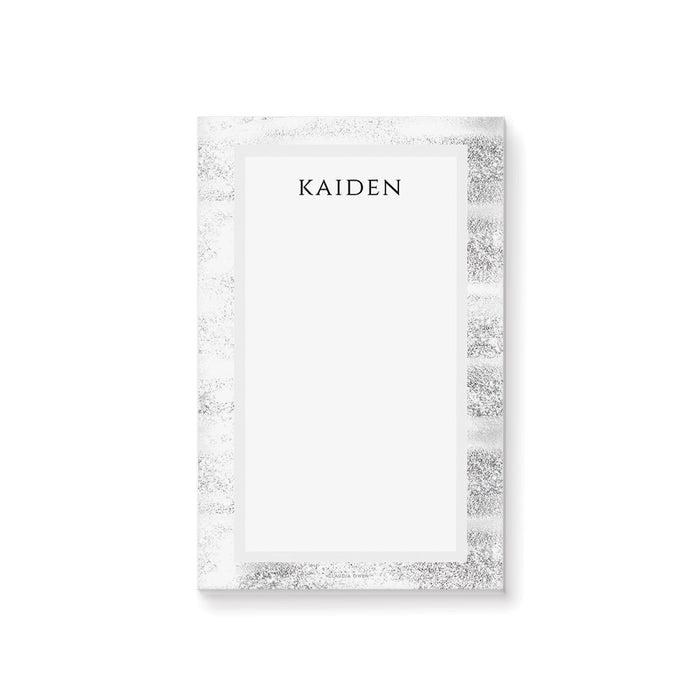personalized with custom name, black and white layout, textured gray border, and blank writing space