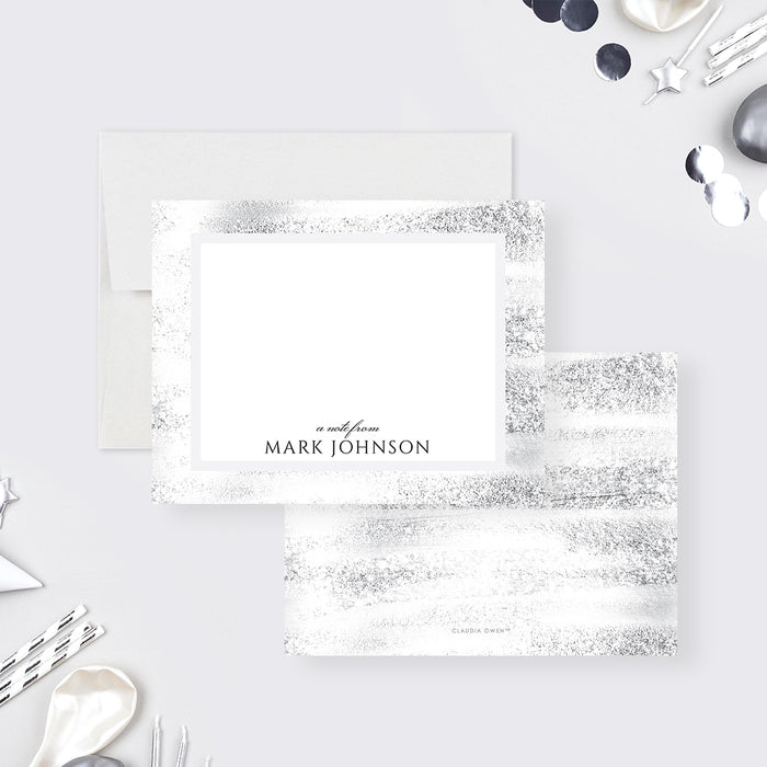 personalized thank you card with custom name, black and white layout, textured gray border, and blank message space-front-back