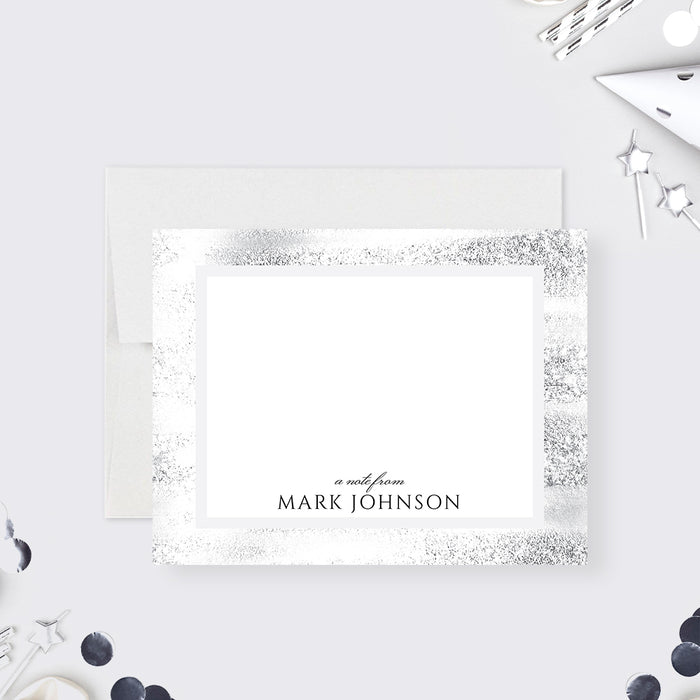 personalized thank you card with custom name, black and white layout, textured gray border, and blank message space-front