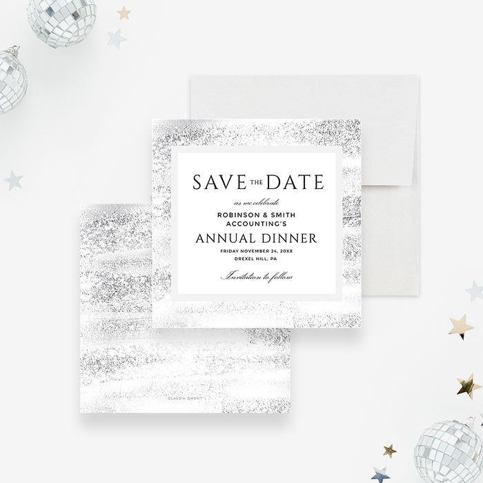 corporate annual dinner save the date card with black and white layout, textured gray border, and company event details-front-back