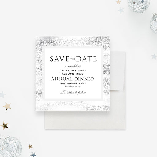 corporate annual dinner save the date card with black and white layout, textured gray border, and company event details-front