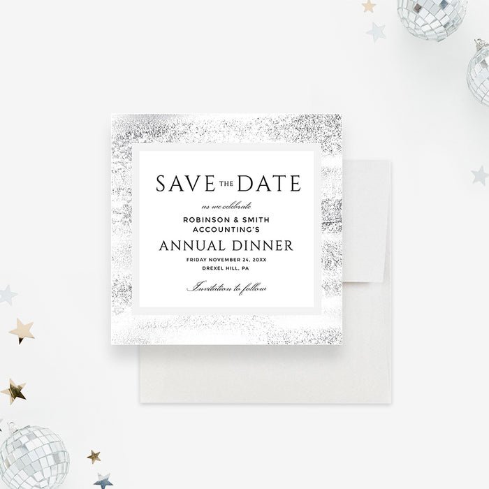corporate annual dinner save the date card with black and white layout, textured gray border, and company event details-front