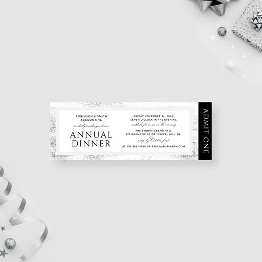 corporate annual dinner ticket invitation with black and white layout, textured gray border, admit-one panel, and company event details