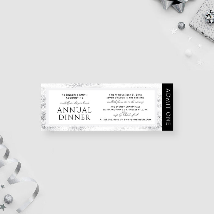 corporate annual dinner ticket invitation with black and white layout, textured gray border, admit-one panel, and company event details