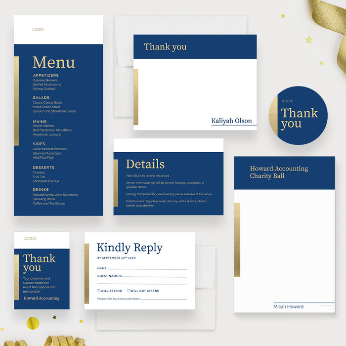 Simple and Elegant Charity Ball Invitation Card in Blue and Gold, Corporate Event Invites, Custom Professional Invitations