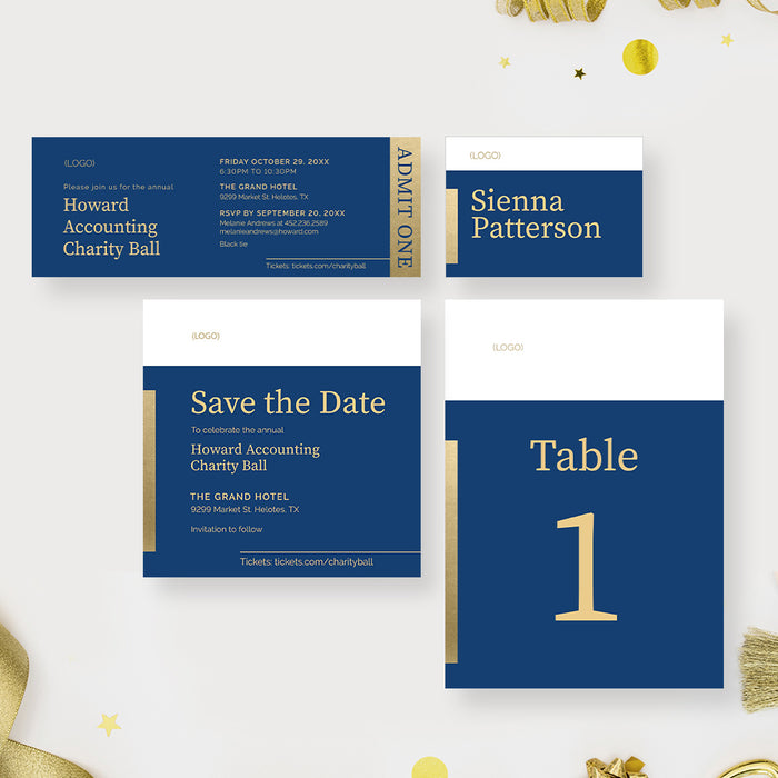 Simple and Elegant Charity Ball Invitation Card in Blue and Gold, Corporate Event Invites, Custom Professional Invitations