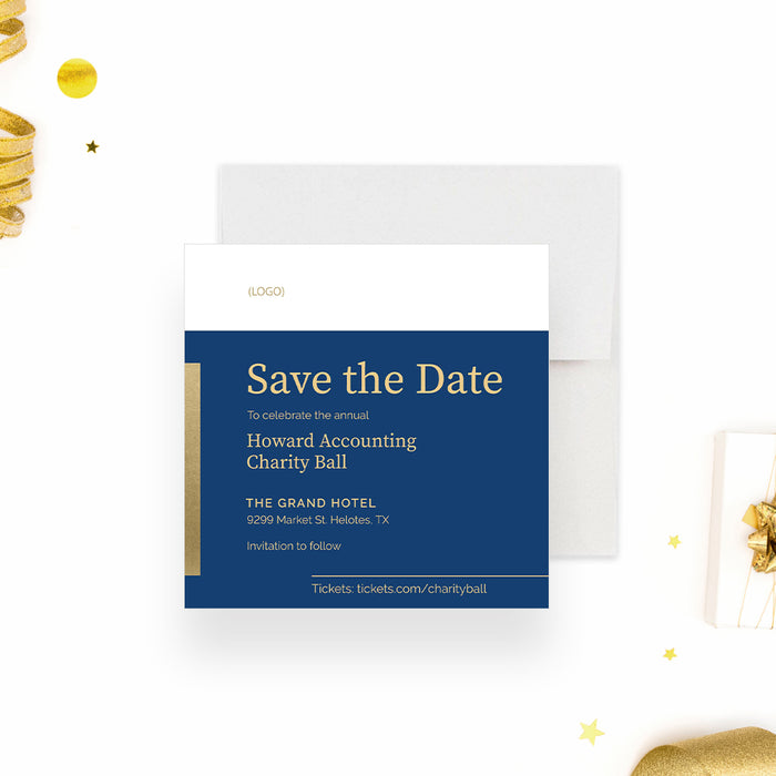 Company Annual Charity Ball Save the Date Card in Blue and Gold, Corporate Event Save the Date, Professional Gala Save the Dates