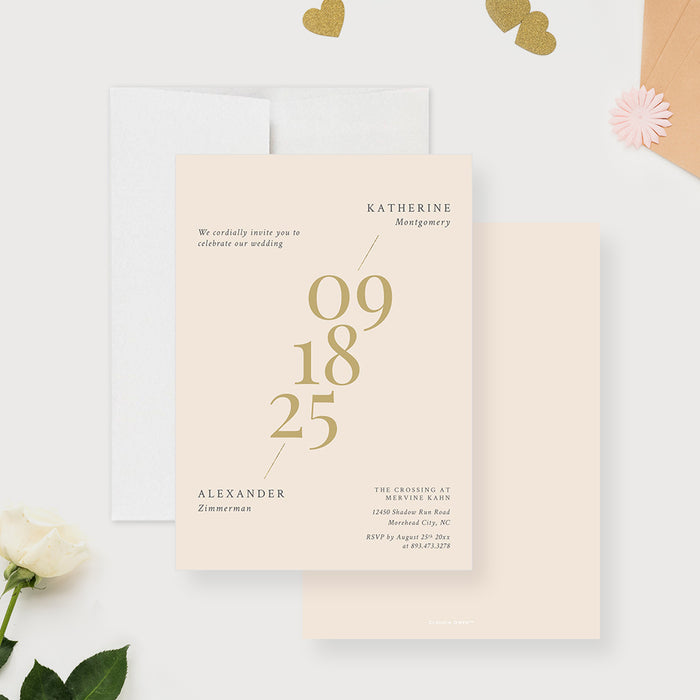 Contemporary Chic Wedding Invitation Card in Soft Neutral Colors, Beige Invitations for Wedding Celebration with Elegant Numerals